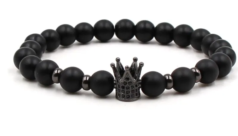 

8mm yth32 elastic adjusted nature Frosted agate Onyx black stone volcanic lava micro pave Crown cz cubic zirconia Bracelet