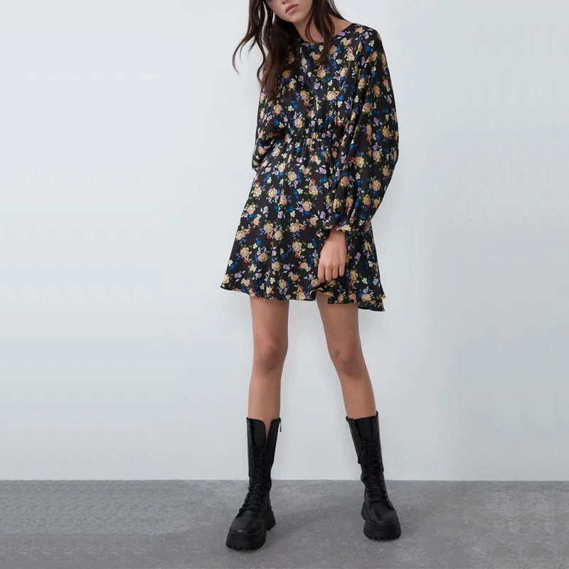 Женское платье с цветочным принтом круглым вырезом и длинным рукавом|Женские