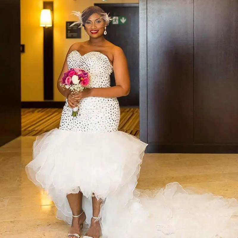 

Великолепная вышитая бисером кристаллическая Русалка Свадебные платья высококачественная одежда для детей с рюшами из органзы в африканс...