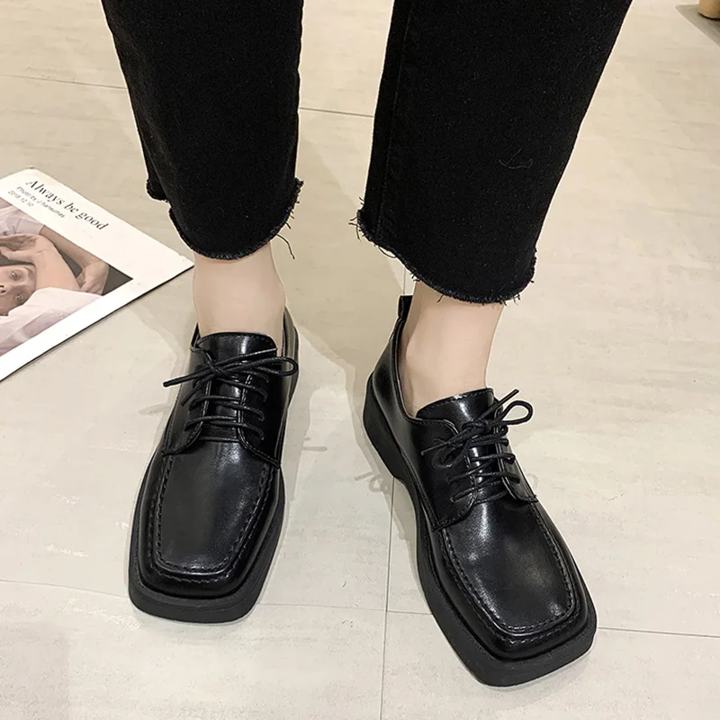 

Women Shoes Autumn British Style Low Heels Modis Black Flats Square Toe Casual Female Sneakers Oxfords Clogs Platform Fall Prepp