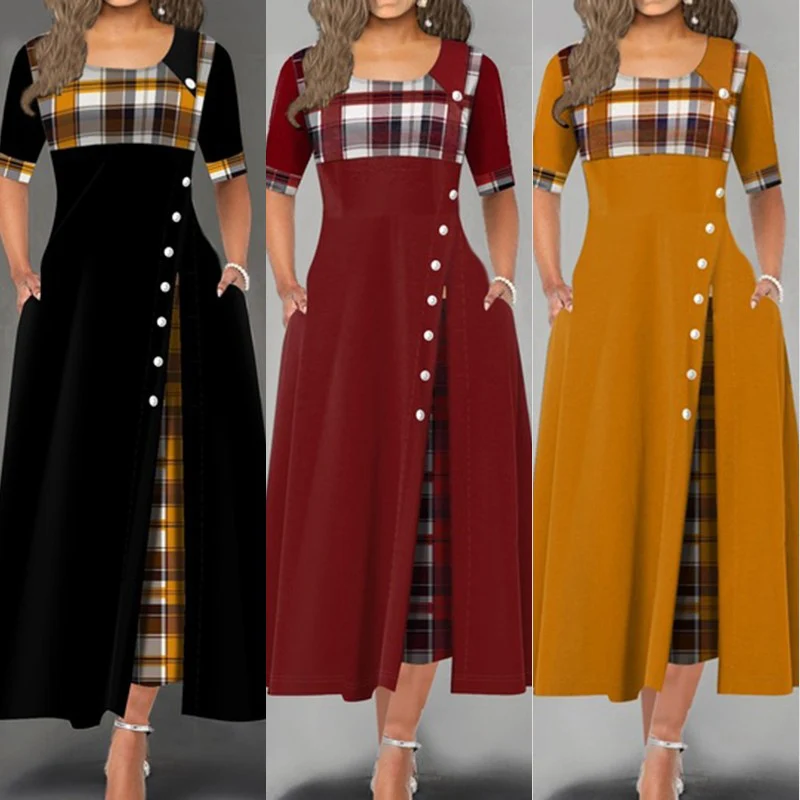 

Elegant Women Summer Autumn Maxi Dress 2020 New O Neck Short Sleeve Plaid Splicing Button Casual Party Long Dress Lady Robe 5XL