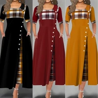 elegant women summer autumn maxi dress 2020 new o neck short sleeve plaid splicing button casual party long dress lady robe 5xl