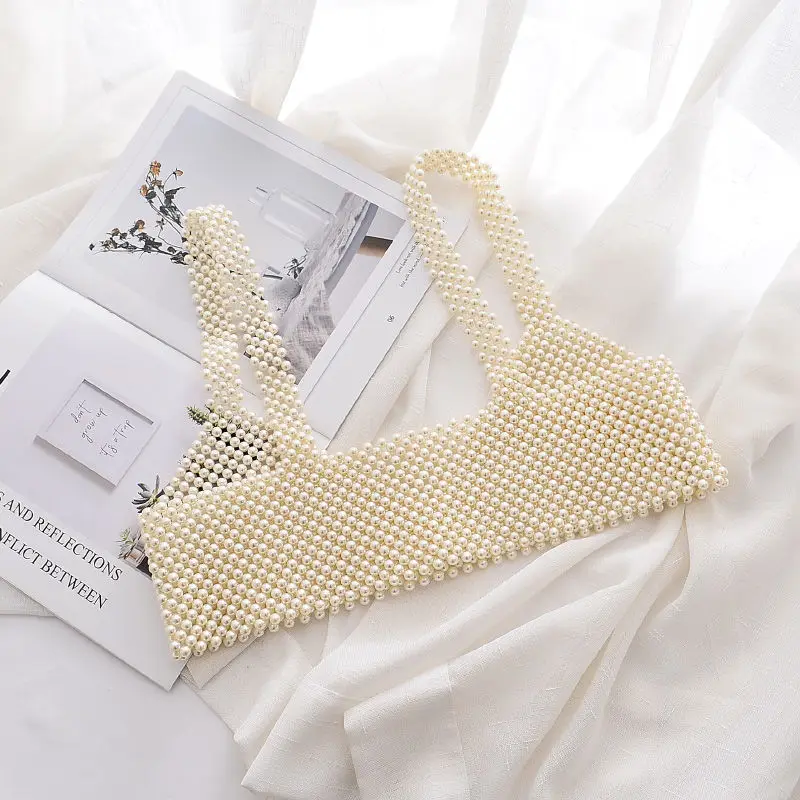 

High Street Deep V Neck Pearl Vest Women Fashion Crop Top Ladies White Sleeveless Sexy Club Tank Top Blusas