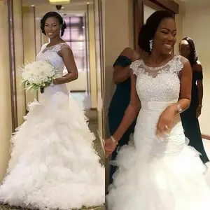 African Beaded Mermaid Wedding Dresses For Bride 2021 Plus Size Rufffles White Country Wedding Dresses Custom Made Garden Bridal