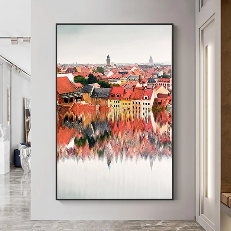 

Nordic Town Reflection Canvas Painting Abstract House Lake Landscape Poster and Print Modern Wall Art Pictures for Home Decor
