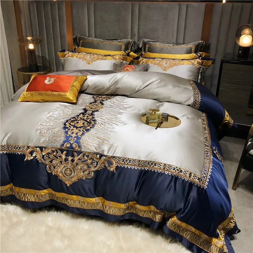 vender Luxo Ouro Azul Damasco Chique Bordado Conjunto De Cama Algodão Egípcio Cetim Seda Duvet Cover Folha Cama Espalhe Fronha 4/6/11 Pçs
