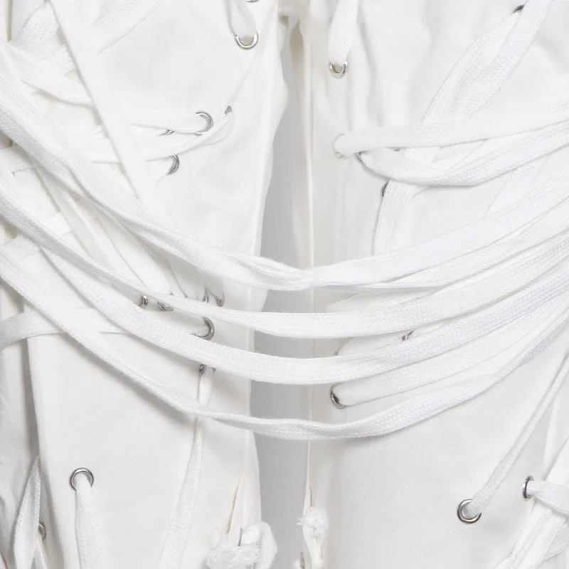 Autumn Women Cargo Pants Black White Elastic High Waist Casual Long Trousers Layered Cross Bandage Bunch Bottom Pockets Design