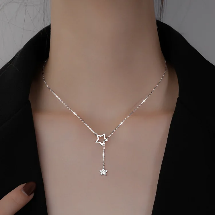 

VOQ 925 Sterling Silver Zircon Star Lady Necklace Hollow Design Elegant Clavicle Chain Necklace Jewelry Gift