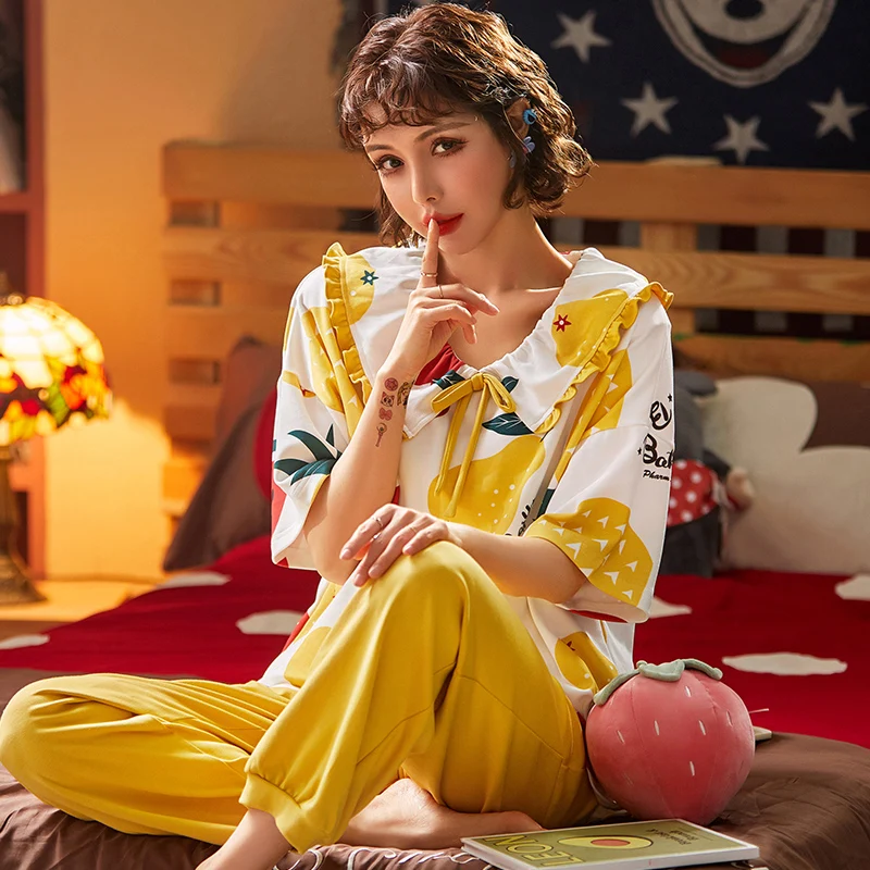 

Breathable 2PCS Pajama Short Sleeve Printed Pijama Mujer Femme Loose Nightwear Suit Female Casual Homewear Pajama Set For Women