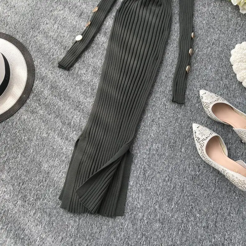 ALPHALMODA французское платье Популярные пуговицы рукав пуловеры туника платье вязаный свитер платье сплошное v-образным вырезом сексуальное платье шаг