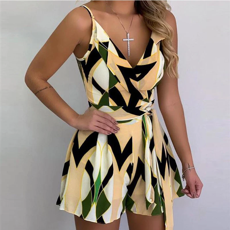 

Summer Women Fashion Geometric Printed V-neck lace up Suspender One Piece Set Rompers Womens Short Set
