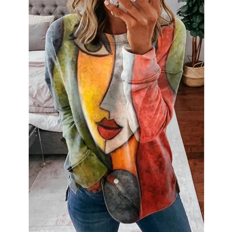 

Style Women's Shirt Casual O-neck Abstract Printing Women's Pullover T-shirt Fashion Loose Long-sleeved Patchwork Ladies Shirt