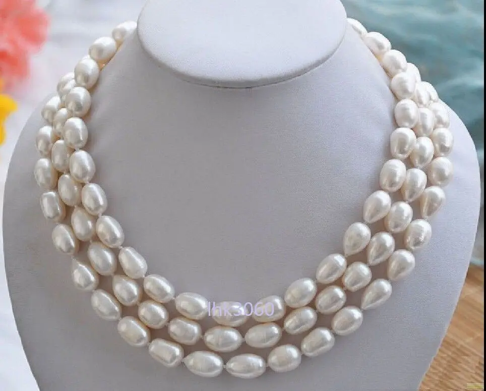 

3 ROW 8-9mm Natural south sea baroque white pearl necklace 18" 14K yellow clas
