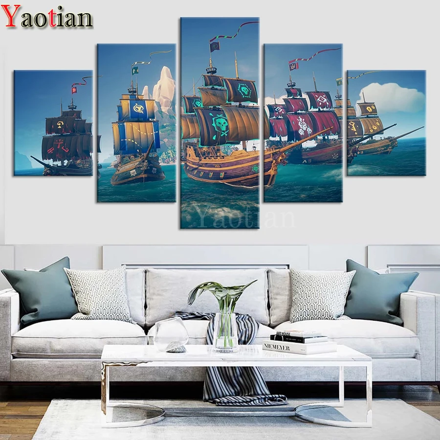 

Rhinestones Embroidery Pirates of the Caribbean Handcraft Cross Stitch 5 Pieces Diy Diamond Painting Full Round Home Decor