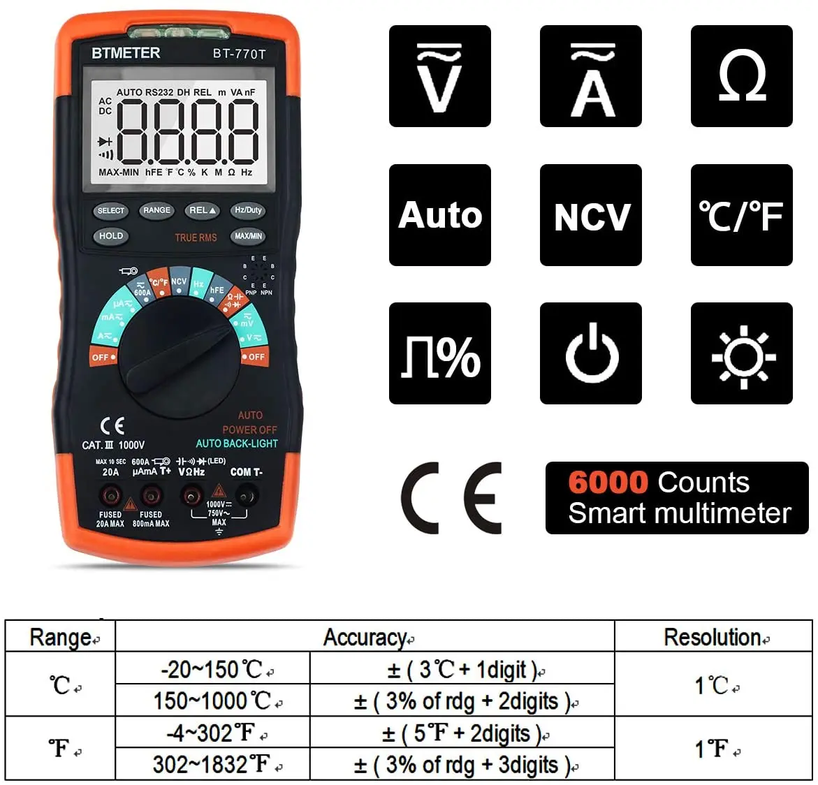 True RMS Digital Multimeter Tester 6000 Counts Measure Voltage Current Amp Resistance Diodes Continuity Duty-Cycle Capacitance