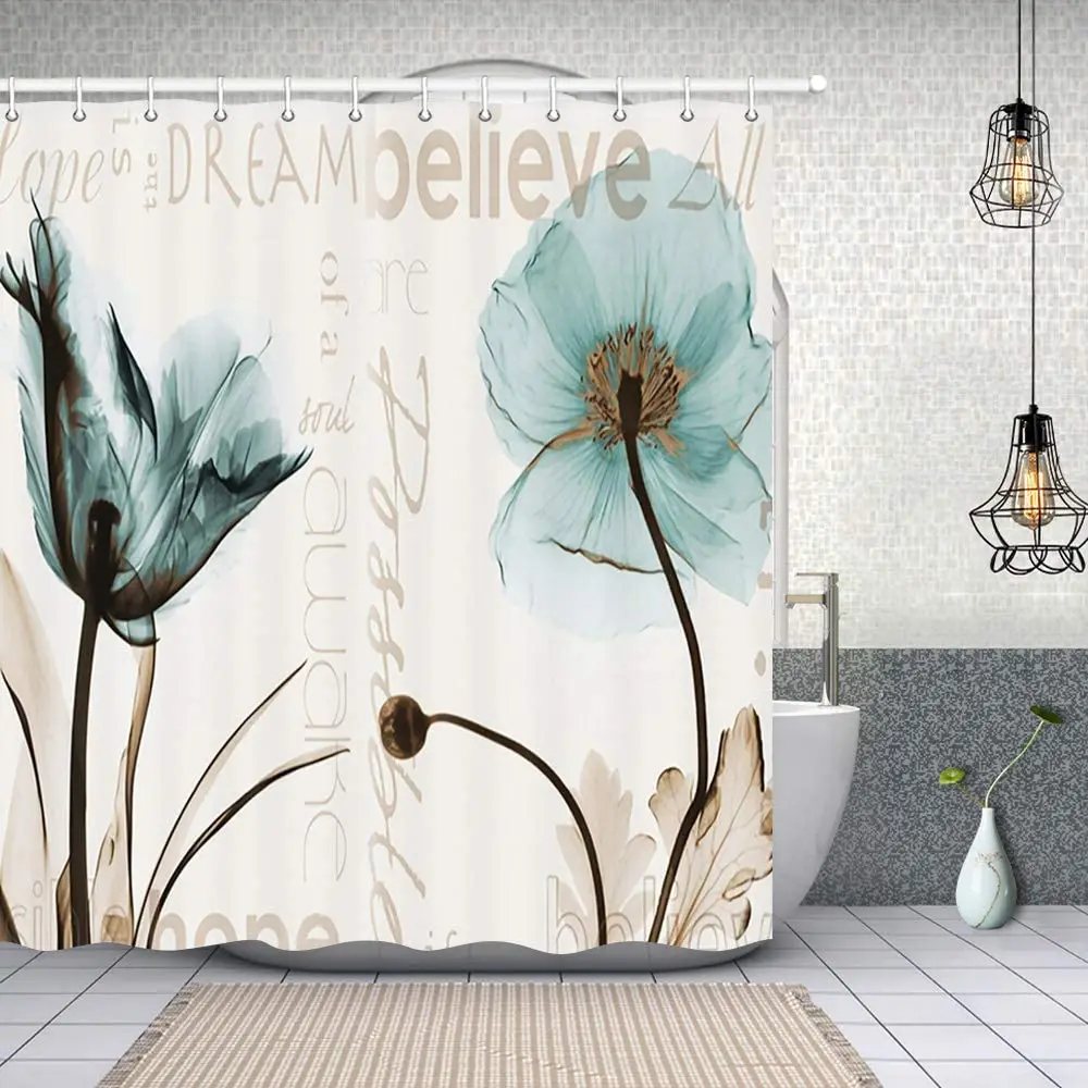 

Tulip Flowers Shower Curtains Spring Floral Plant Leaves Butterfly Rustic Vintage Wood Board Fabric Bathroom Decor with Hooks