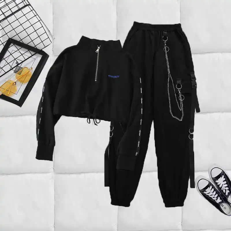 

Women Cargo Streetwear Harajuku Pant Chain Females Two Piece sets Pants Buckle Ribbon Pocket Jogger Elastic High Waist Pants