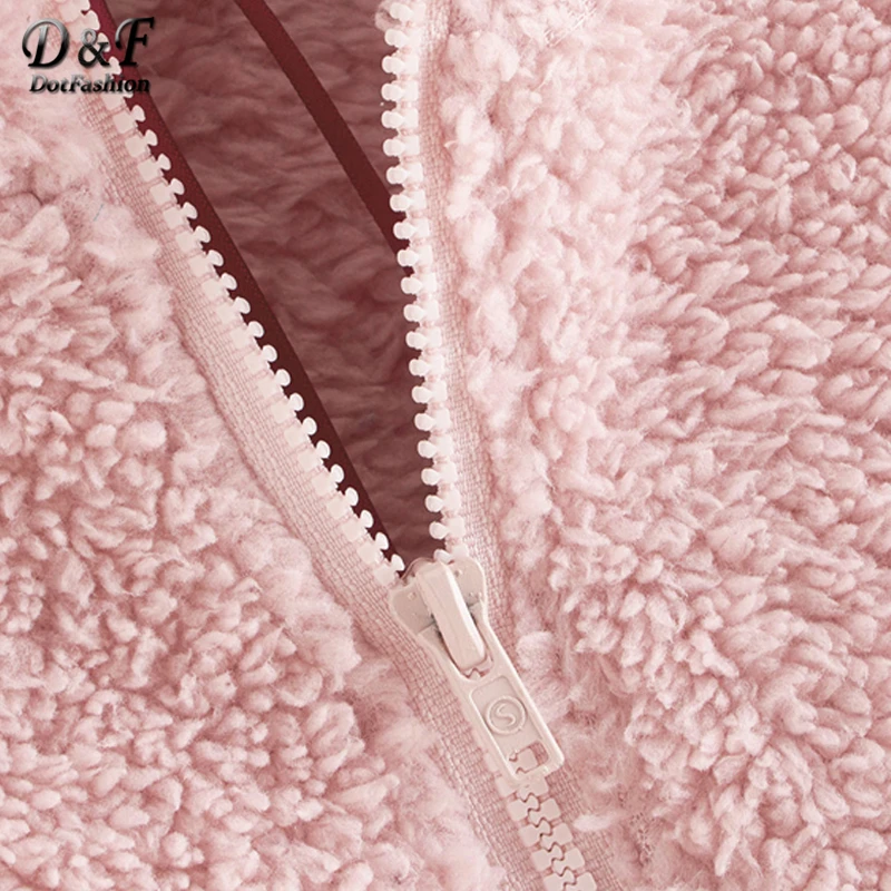 Dotfashion Розовый Повседневный плюшевый свитер с молнией спереди для женщин зимние однотонные милые толстовки со стоячим воротником