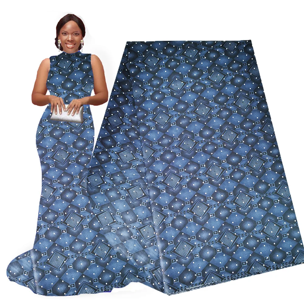 Пудра синяя Анкара Африканский полиэстер восковые принты ткань с камнями