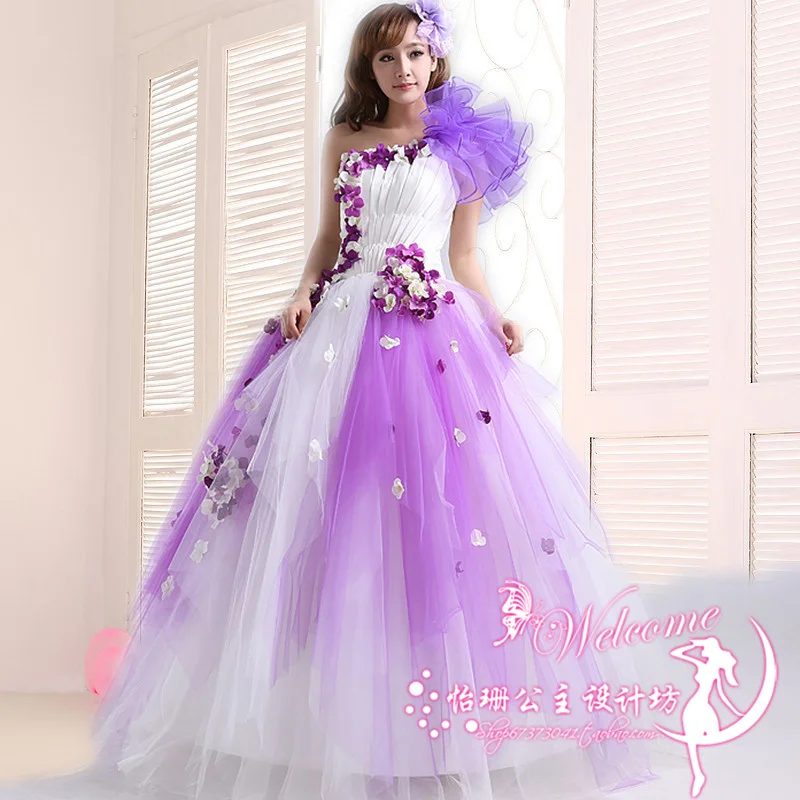 Женское платье с одним плечом фиолетовое бальное из органзы на одно плечо