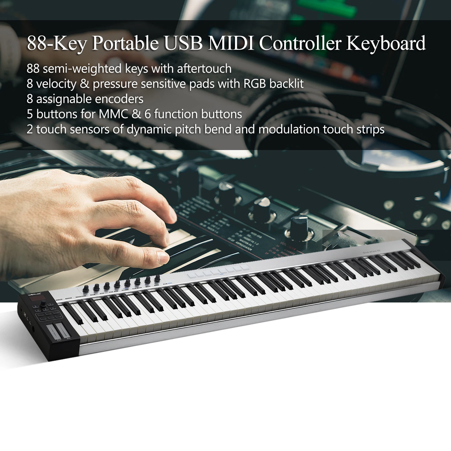 WORLDE Blue whale 88-Key MIDI Keyboard USB Controller 88 Semi-weighted Keys 8 RGB Backlit Trigger Pads LED Display | Спорт и