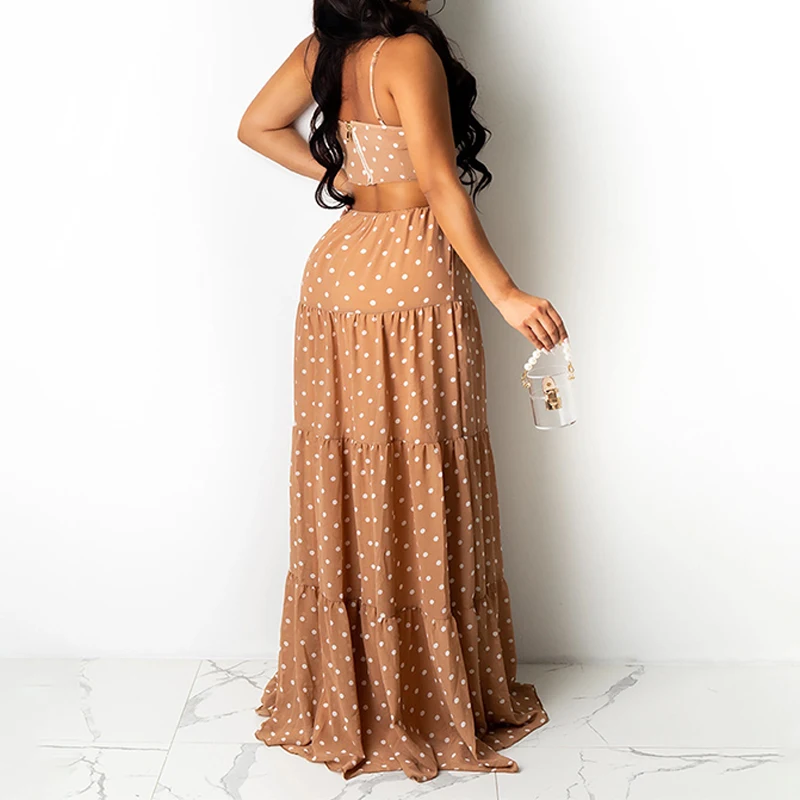 

Women Sling Polka Dot Printed Bow Knot Design Maxi Dress