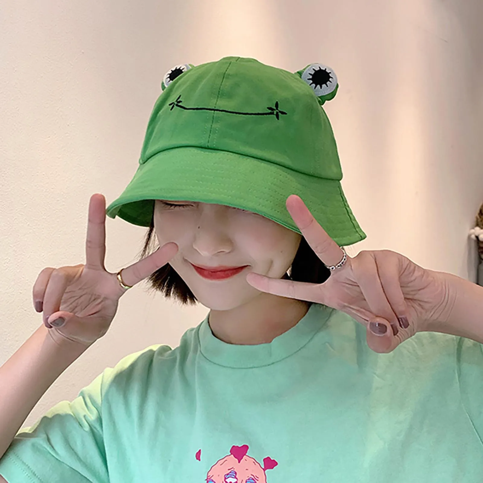 

2021 New Cute Frog Patterm Bucket Hats For Women Girls Fashion Kawaii Fishman Hats With Frog Eyes Outwear Female gorro pescador