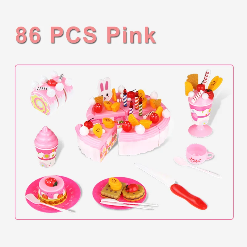86 pcs Pink 44-103 шт DIY ролевые игры фруктовая резка торт на день рождения кухня еда игрушка набор розовый синий Развивающие игрушки для детей Рождественский подарок - Цвет: 86 pcs Pink