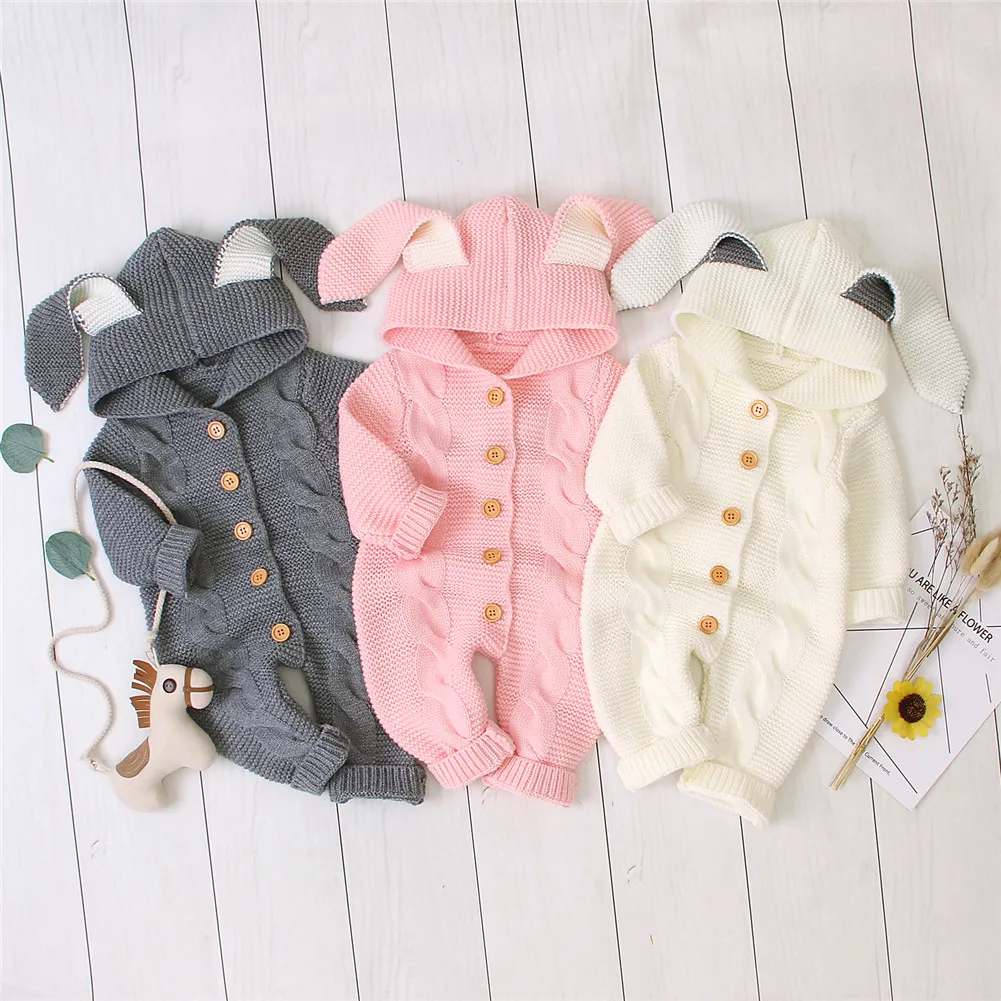 

Baby Romper Newborn Baby Boys Girls Knit 3D Bunny Ear Romper Hooded Sweater Jumpsuit Long Sleeve Winter Warm Romper Clothes