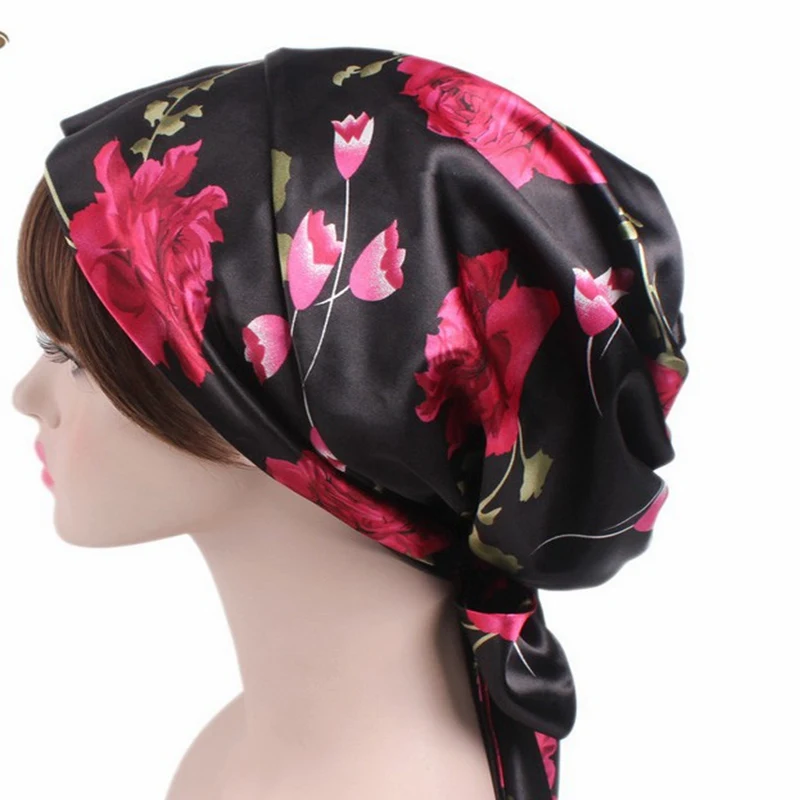 black flower Новая мягкая шелковая женская ночная шапочка для душа, регулируемая Дамская длинная шапочка для ухода за волосами, головной убор, Мягкая атласная шляпа, аксессуары - Цвет: black flower