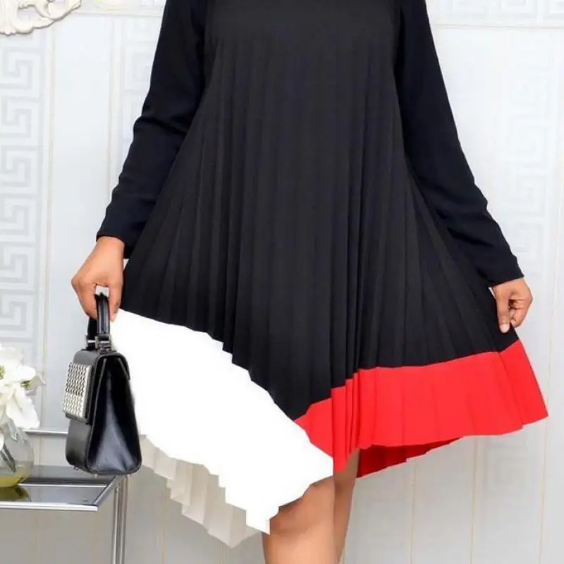 

HIJABMUSS European And American Women's 2021 New Pleated Color Matching Long Sleeve Dress Irregular A-line Skirt Africa