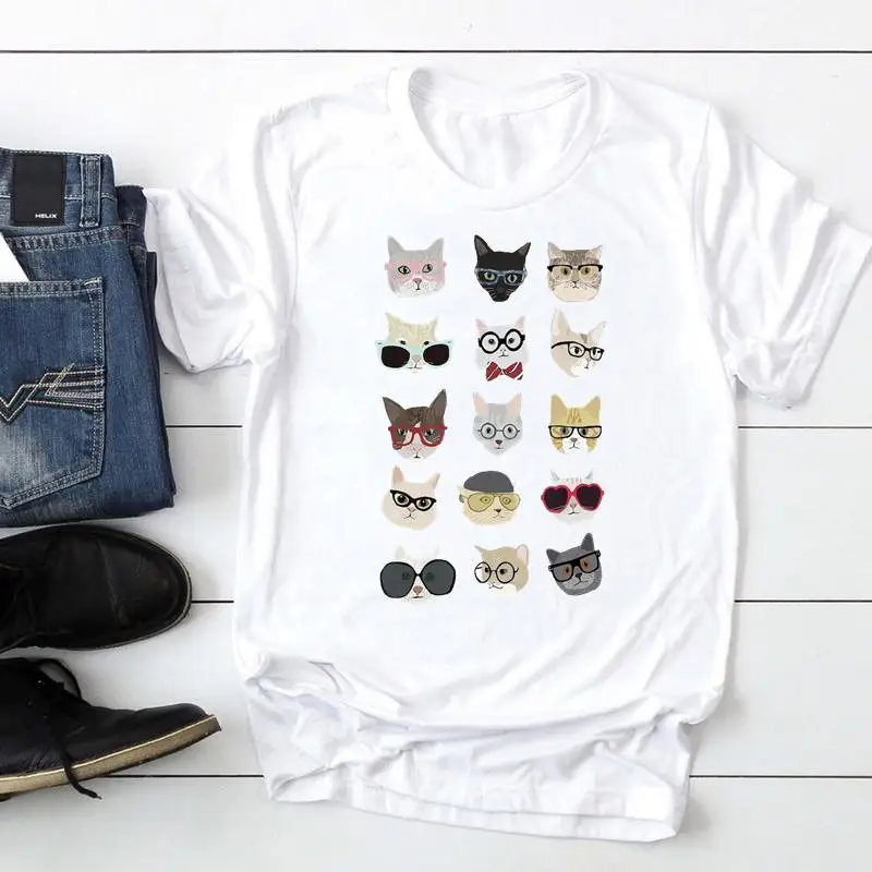 

Женская футболка с коротким рукавом, забавная летняя футболка с мультяшным принтом кота, 2021