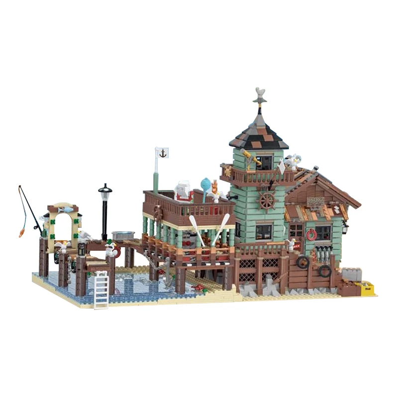 

Mailacker City Street View Fish House Pier Bricks Creator Expert Old Fishing Store Modular Building Blocks Architecture Toy Gift