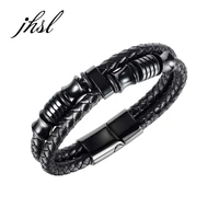 jhsl magnet men wrap bracelets bangles fashion jewelry high quality black leather stainless steel party gift new2021