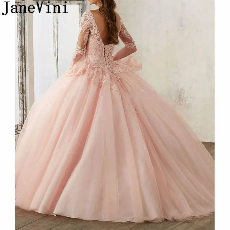 JaneVini принцесса розовый синий Quinceanera платья для сладких 16 лет бисером кружева с