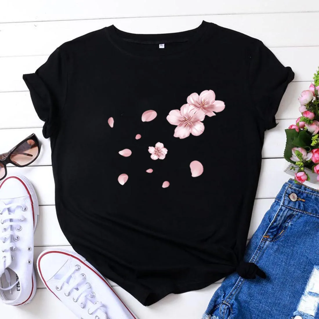 

Fashion Women's T-shirt Short Sleeve Petal Print Collar Loose Y2K Aesthetics Summer Trend Clothing Women's Top Graphic T-shirt