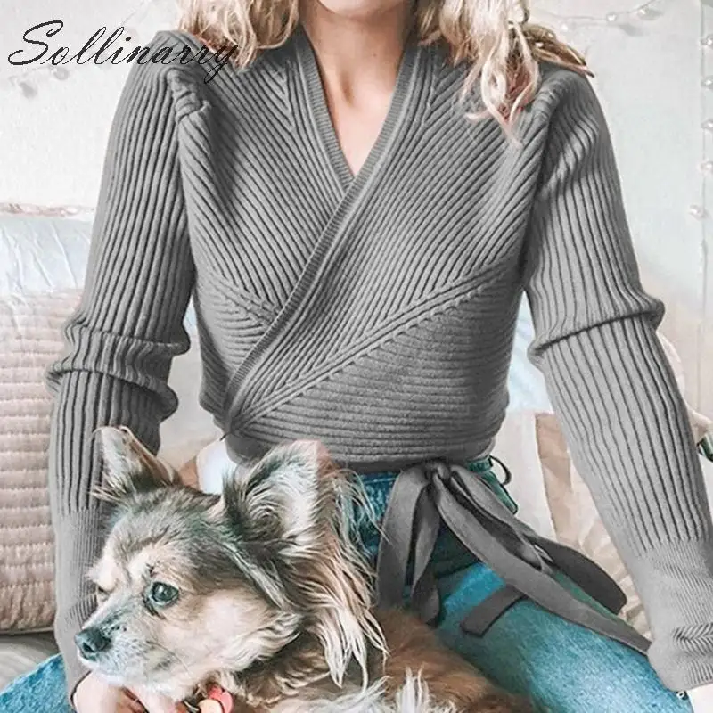 Sollinarry элегантные женские вязаные свитера с запахом кардиган модный Осень-зима