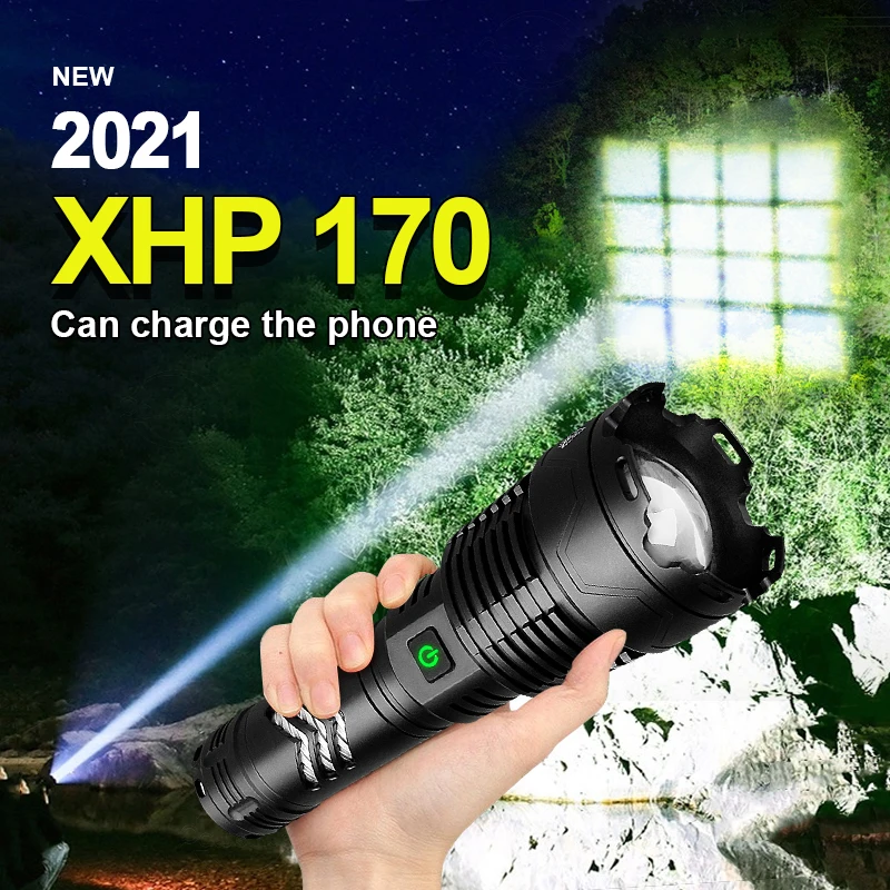 구매 슈퍼 브라이트 XHP170 강력한 LED 손전등 토치 18650 USB 충전식 토치 XHP90 전술 플래시 라이트 높은 전원 손전등