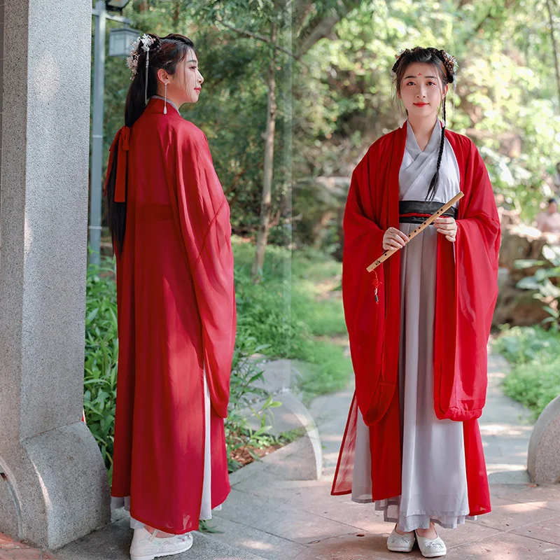 

Hanfu Wide Sleeve Adult Women Ancient Performance Clothes Burgundy Casual Cross Collar Spring Autumu New Cosplay Costume