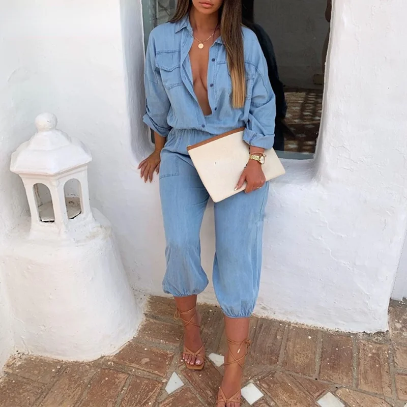 

Women's jumpsuit new solid color long-sleeved casual chic buttoned imitation denim jumpsuit 2021 fashion casual overalls