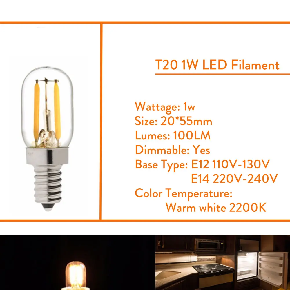 Dimmable T20 C7 E12 110V Светодиодный светильник 0,5 W 1W 2W Светодиодный светильник E14 220V Ретро Мини светодиодный светильник Edison холодильник 240V 130V