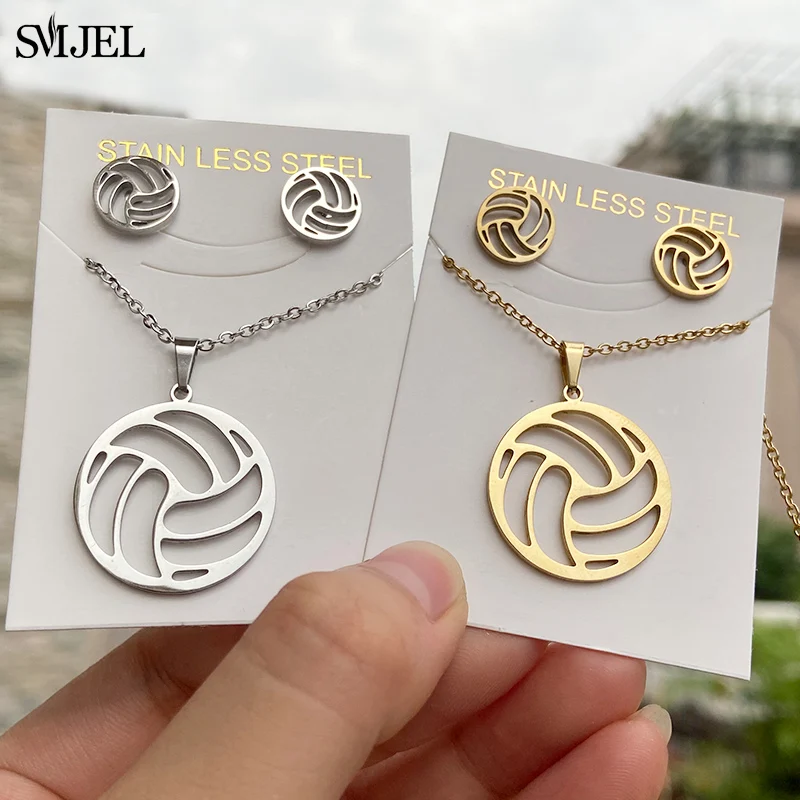 Stainless Steel Volleyball Jewelry Set for Women Minimalist Hollow Ball Shape Necklace Earrings Triangle Accessories Club Gifts