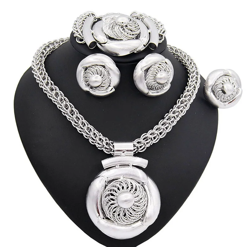 Классический нигерийский Свадебный комплект ювелирных изделий Yulaili в стиле ретро, серебряный цвет, большое ожерелье, серьги, браслет, кольц...