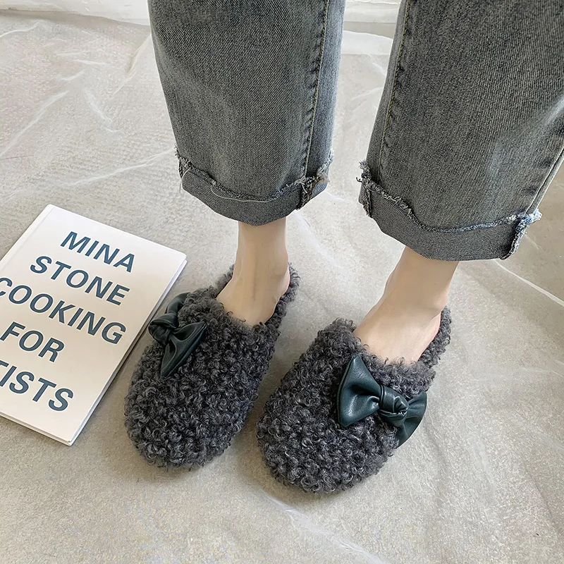 

Women Shoes Indoor Home Slippers Fluffy Slippers Women 2020 Bowknot Cute Woman Shoes Non-slip Winter Slides Women Ladies Shoes