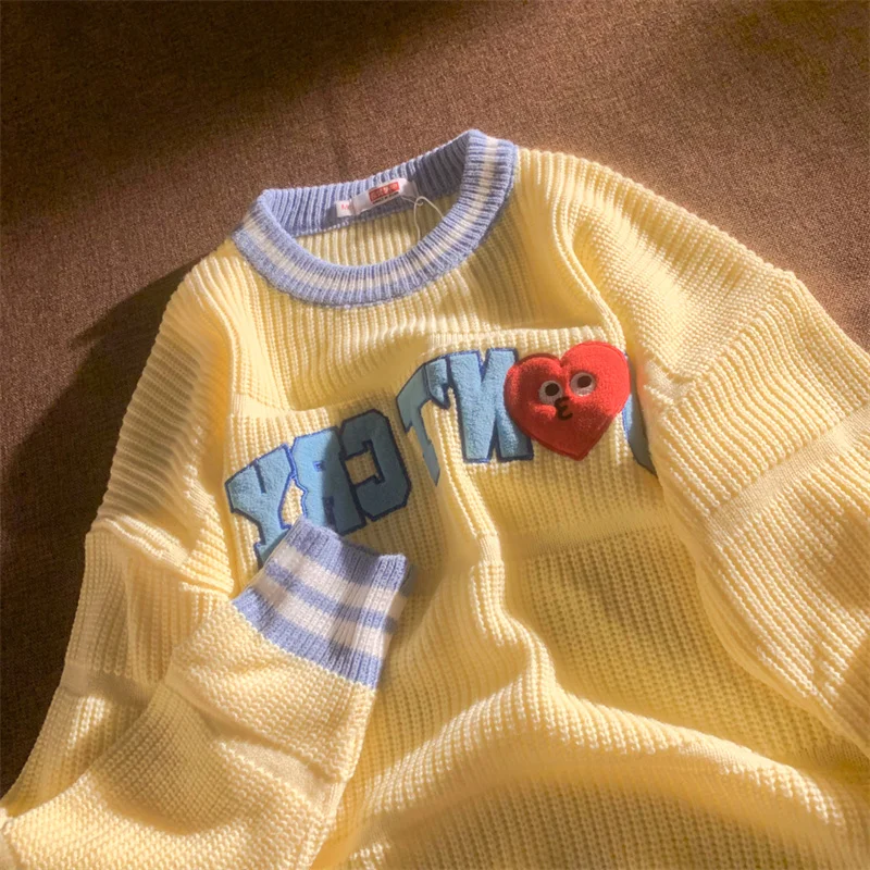 

Japanese Korean Harajuku Knitted Sweaters Preppy Style O Neck Oversize Pullovers Vintage Ulzzang Letter Embroidery Sueter Mujer