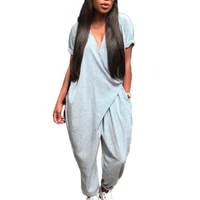 70 hot sell women solid color short sleeve front wrapped v neck ankle tied loose jumpsuit