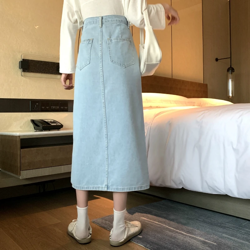 

Kimotimo Vintage Denim Midi Skirt High Waist Office Lady Elegant Japanese Fashion Solid Korean Casual Split Sexy Women Skirt