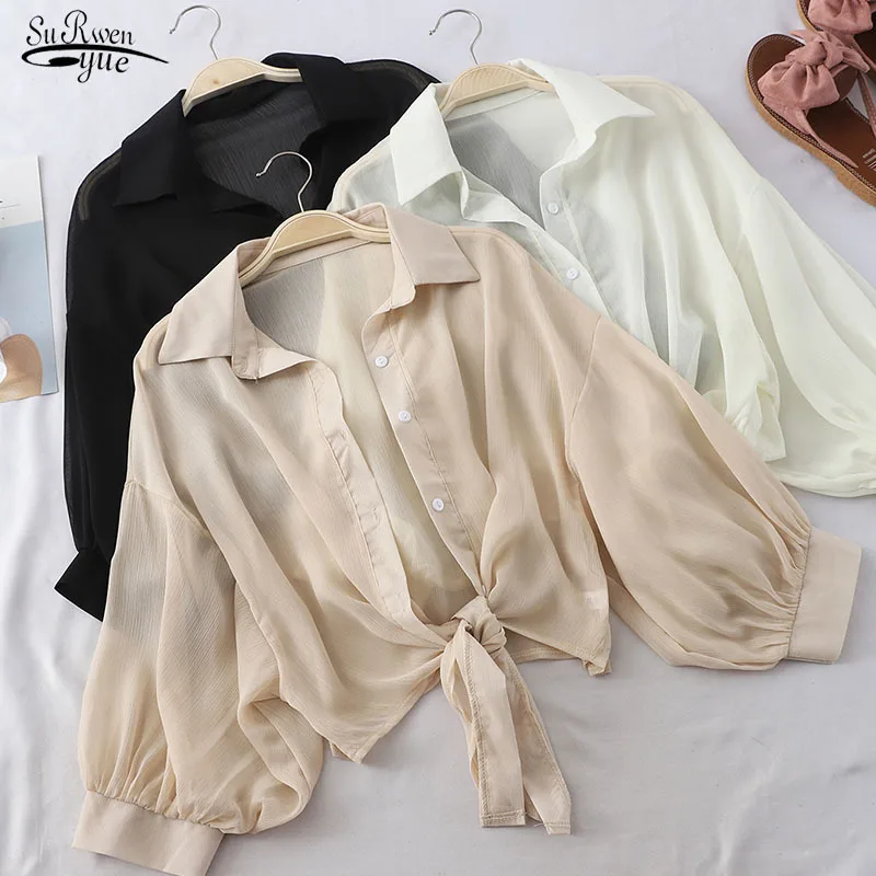 

2021 Summer Sunblouse Chiffon Shirts Women Half Sleeve Buttoned Up Shirt Loose Blouse Tied Waist Blouses for Women 9776