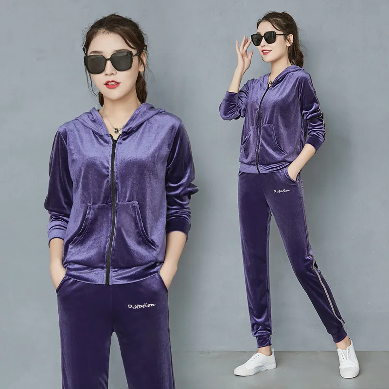 Purple small feet Осенняя и зимняя женская куртка спортивная модная повседневная мягкая велюровая Толстовка комплект из 2 предметов пуловер с длинными рукавами спортивные костюмы - Цвет: Purple small feet