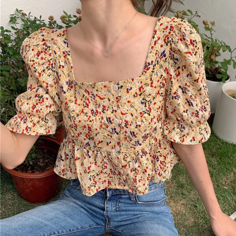 

Women Fashion Floral Print Blouse Summer Square Collar Sexy Sweet Short Chiffon Shirt Blouse